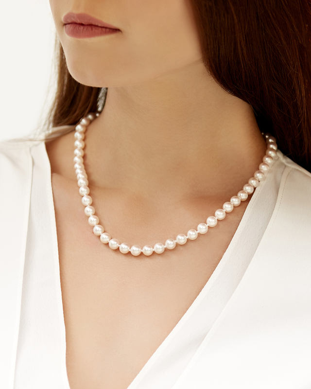 7.0-7.5mm Japanese Akoya White Pearl Necklace- AA+ Quality - Model Image